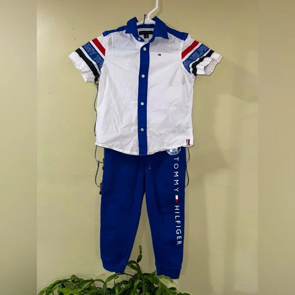 Tommy Hilfiger size XS 4-5 Blue & White button up Shirt with sweatpant joggers